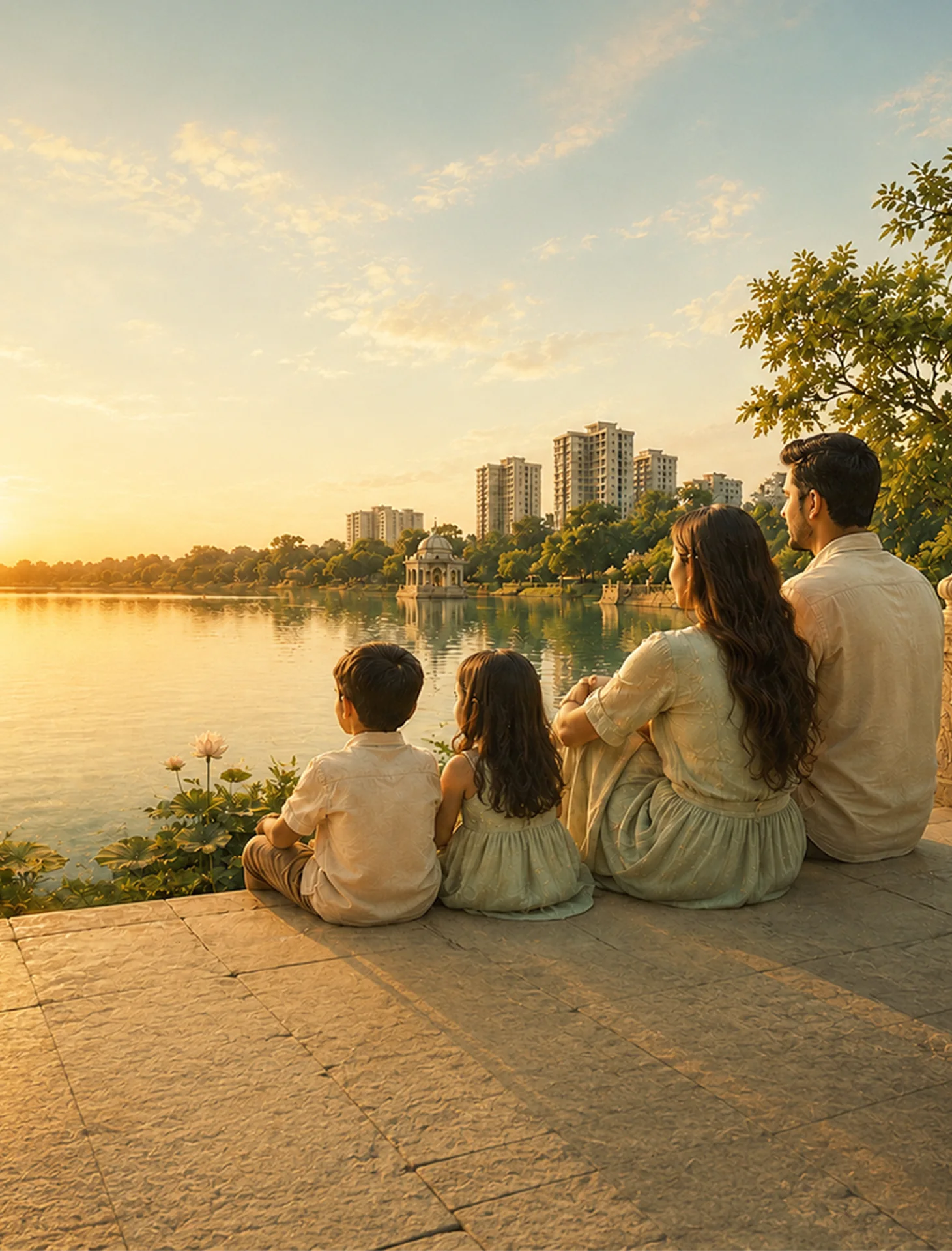 Family enjoying the Ocean Wave lakefront community in Madambakkam